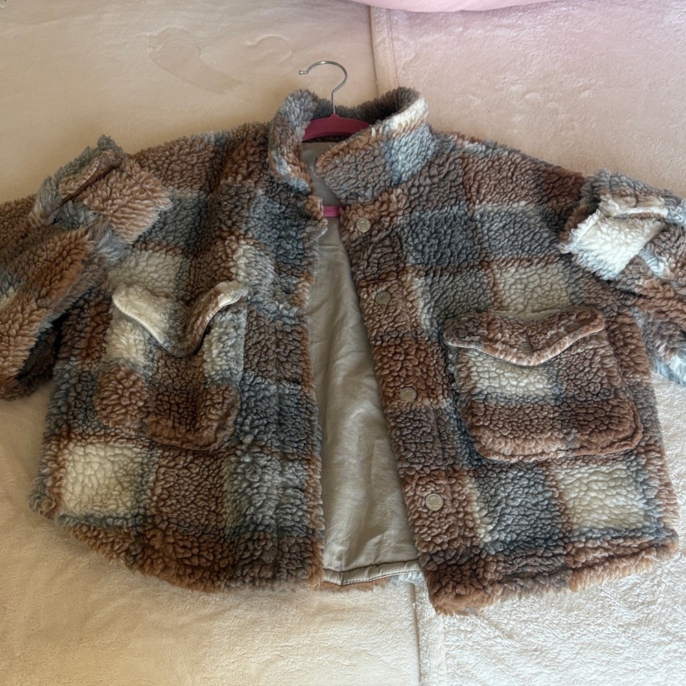 Zara Kids Plaid Sherpa Puffer Jacket - Brown, Gray & Cream